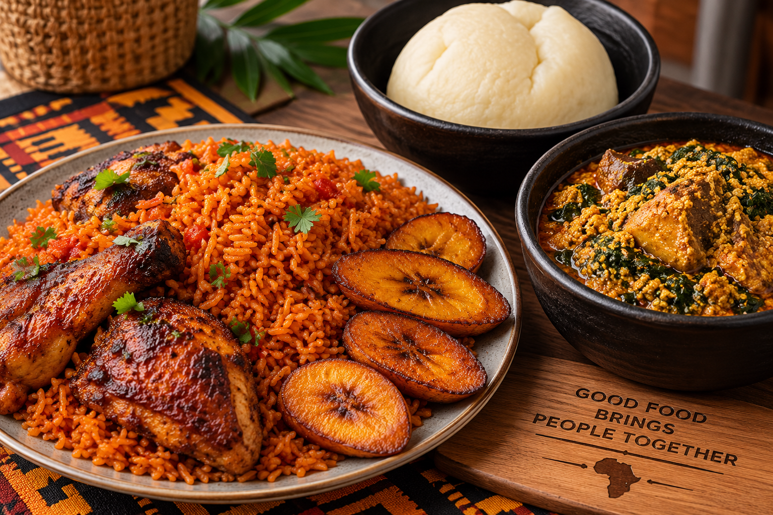 African food including jollof rice and traditional dishes